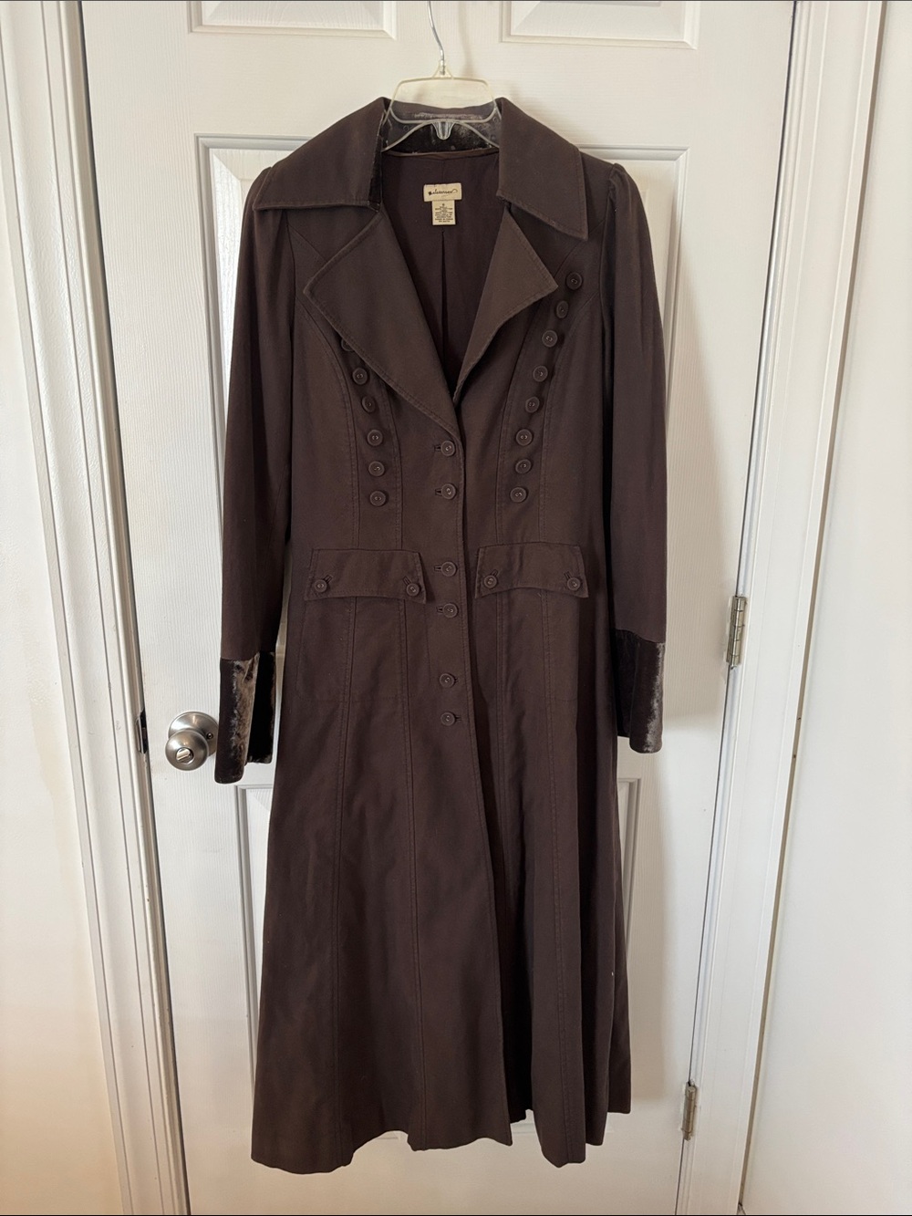Long Brown Button-Front  Heavy Cotton Coat with velvet sleeves